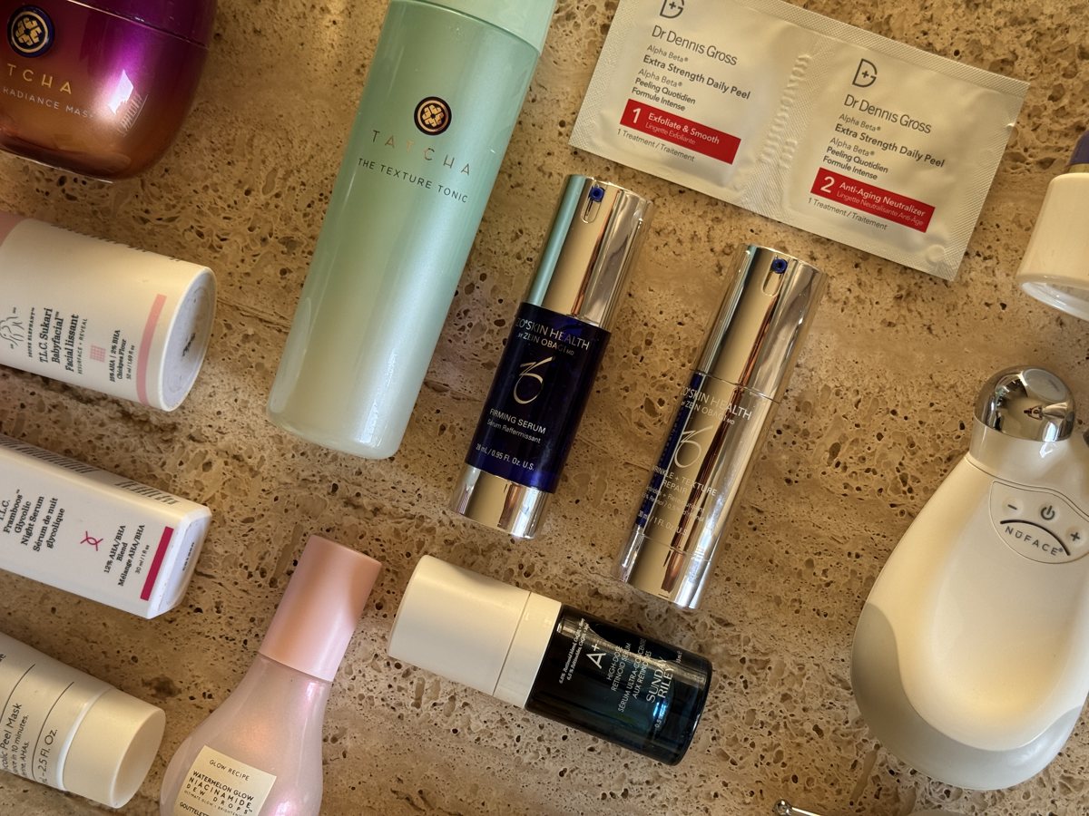 face serum shelf: TATCHA, Dr Dennis Gross, ZO SKIN HEALTH, Sunday Riley, Glow Recipe, Drunk Elephant