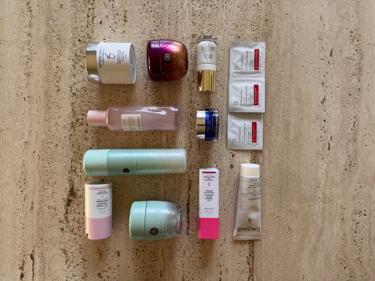 skincare shelf: ZO SKIN HEALTH, TATCHA, Sunday Riley, Dr Dennis Gross, Glow Recipe, Drunk Elephant