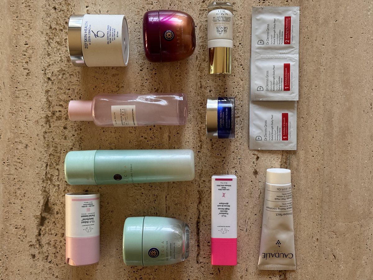 skincare shelf: ZO SKIN HEALTH, TATCHA, Sunday Riley, Dr Dennis Gross, Glow Recipe, Drunk Elephant