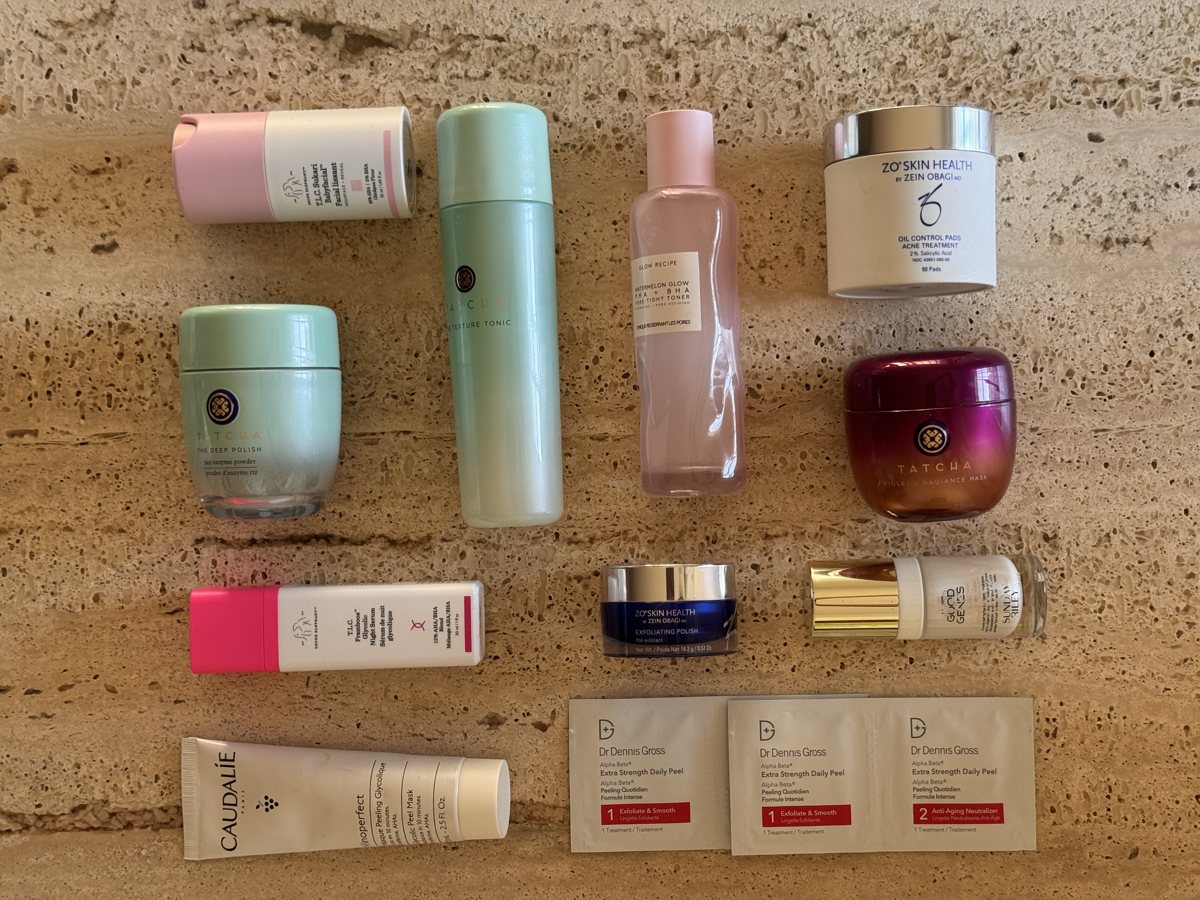 skincare shelf: Drunk Elephant, TATCHA, Glow Recipe, ZO SKIN HEALTH, TATCHA, Drunk Elephant