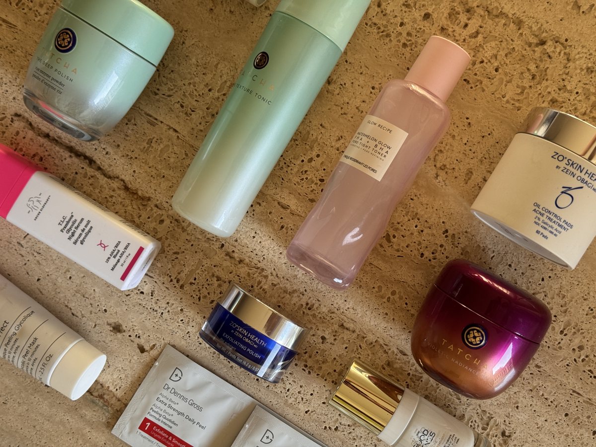 skincare shelf: TATCHA, Glow Recipe, ZO SKIN HEALTH, Drunk Elephant, Caudalie, Dr Dennis Gross
