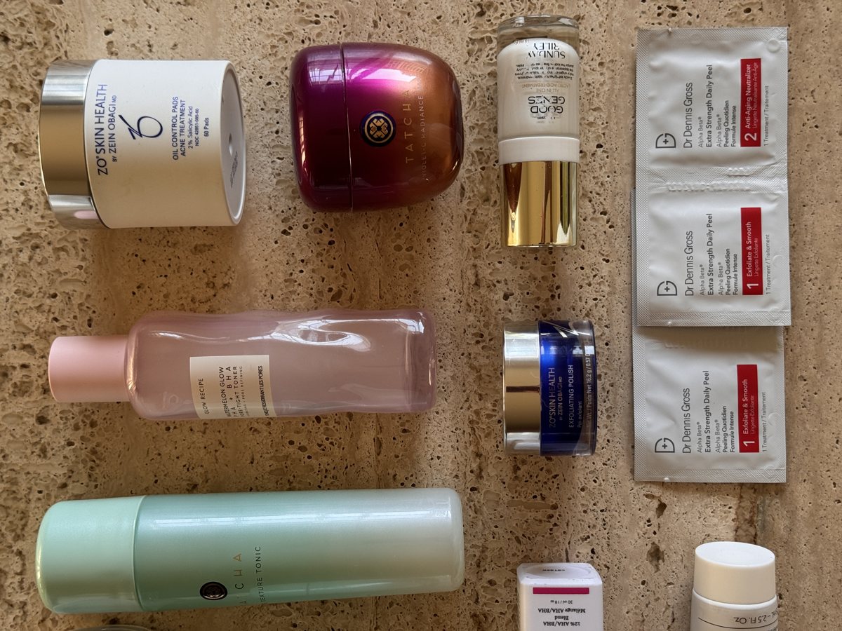 skincare shelf: ZO SKIN HEALTH, TATCHA, Sunday Riley, Dr Dennis Gross, Glow Recipe, Drunk Elephant