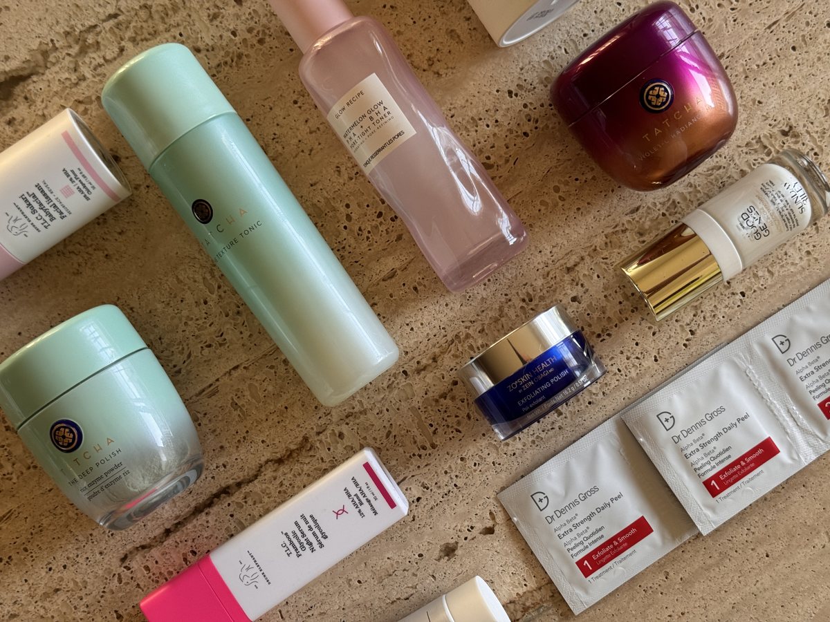 skincare shelf: Drunk Elephant, Drunk Elephant, TATCHA, TATCHA, Glow Recipe, Dr Dennis Gross