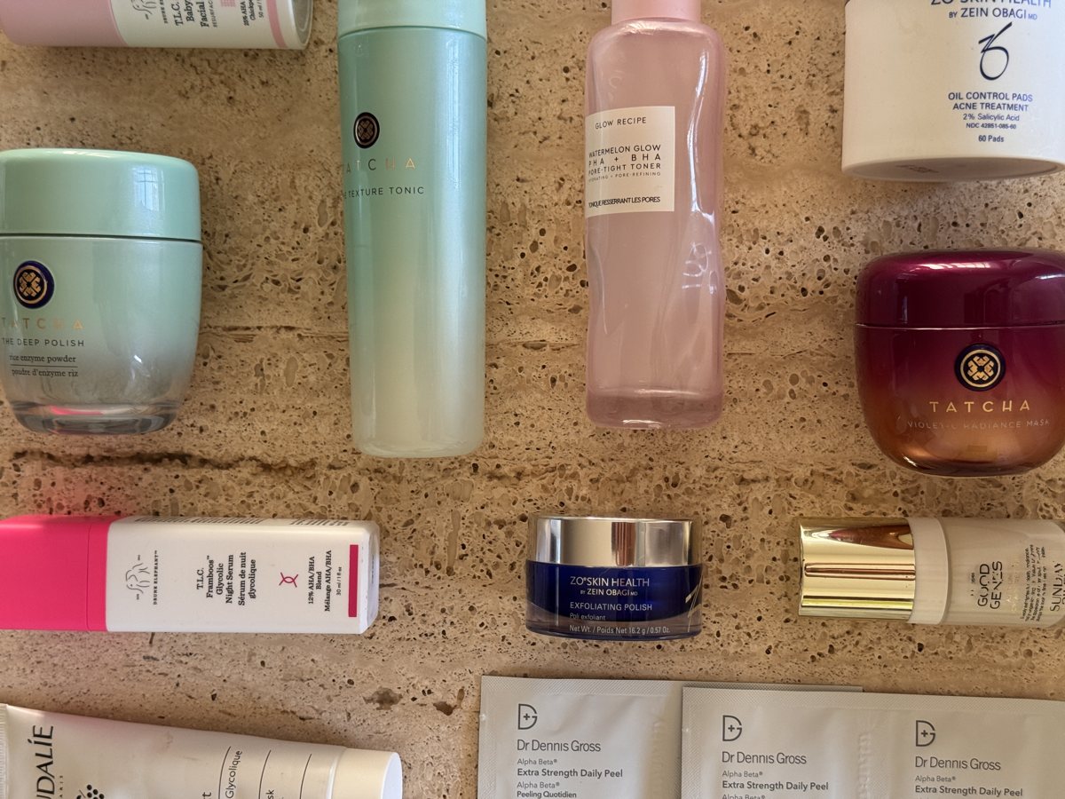 skincare shelf: Drunk Elephant, Drunk Elephant, TATCHA, TATCHA, Glow Recipe, ZO SKIN HEALTH