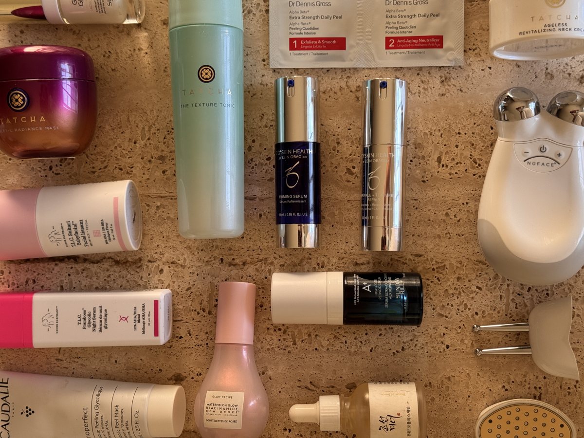 skincare shelf: TATCHA, TATCHA, Dr Dennis Gross, ZO SKIN HEALTH, Drunk Elephant, Drunk Elephant