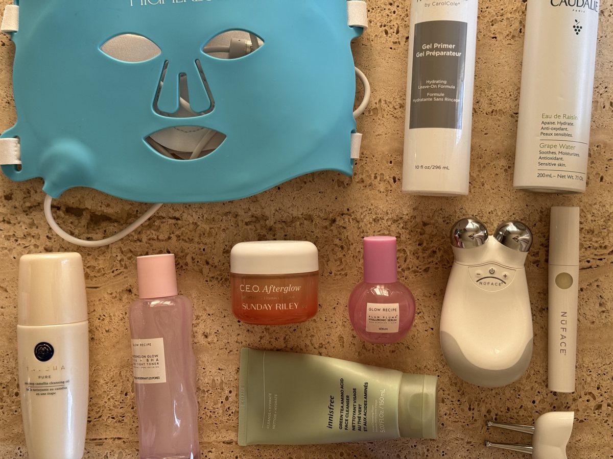 skincare shelf: Caudalie, TATCHA, Glow Recipe, Sunday Riley, Glow Recipe, innisfree