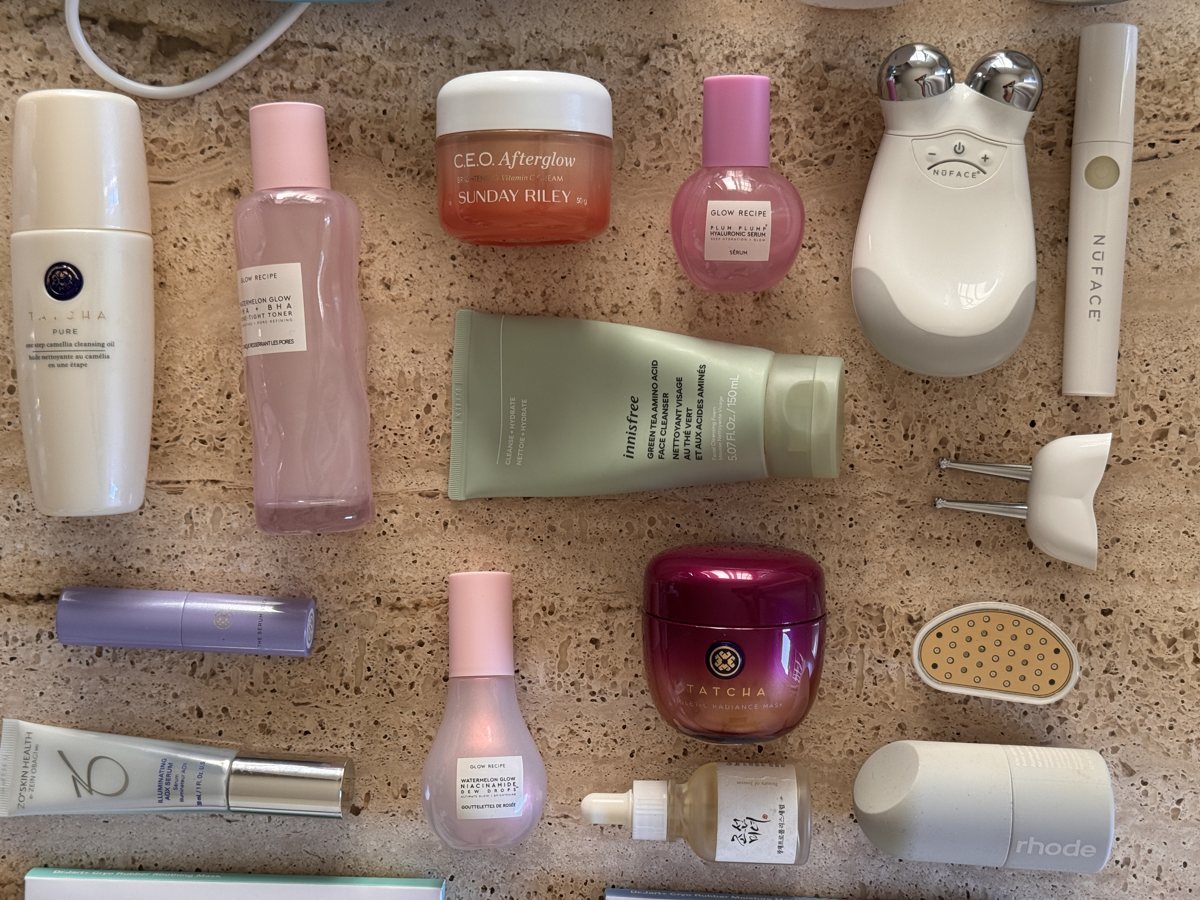 skincare shelf: TATCHA, Glow Recipe, Sunday Riley, Glow Recipe, innisfree, TATCHA