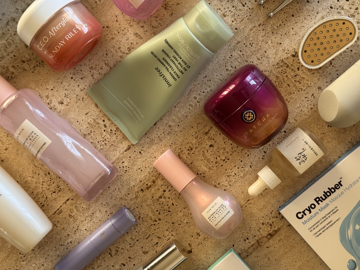 skincare shelf: Sunday Riley, Glow Recipe, Glow Recipe, innisfree, TATCHA, TATCHA
