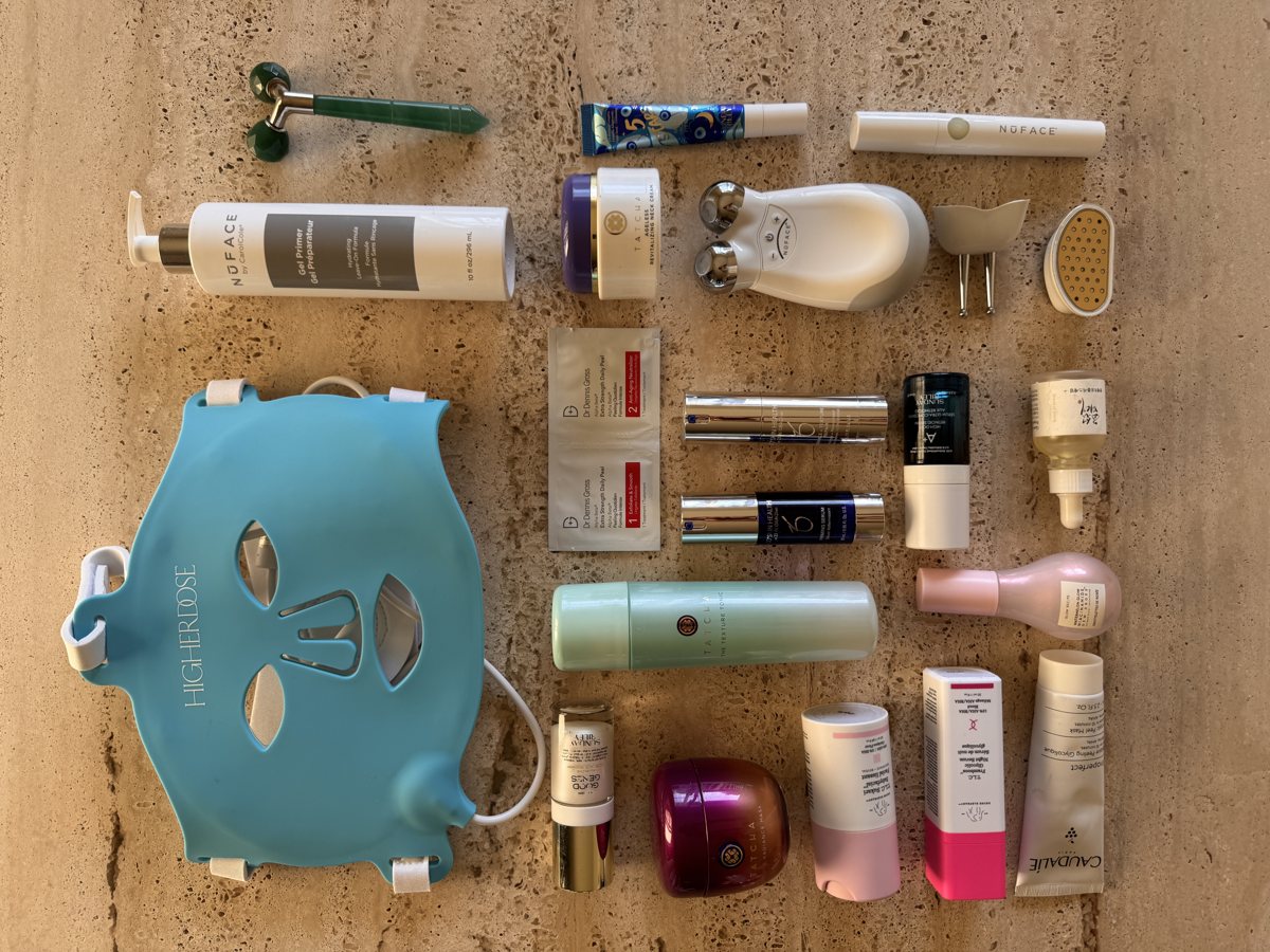 skincare shelf: TATCHA, Dr Dennis Gross, ZO SKIN HEALTH, Caudalie