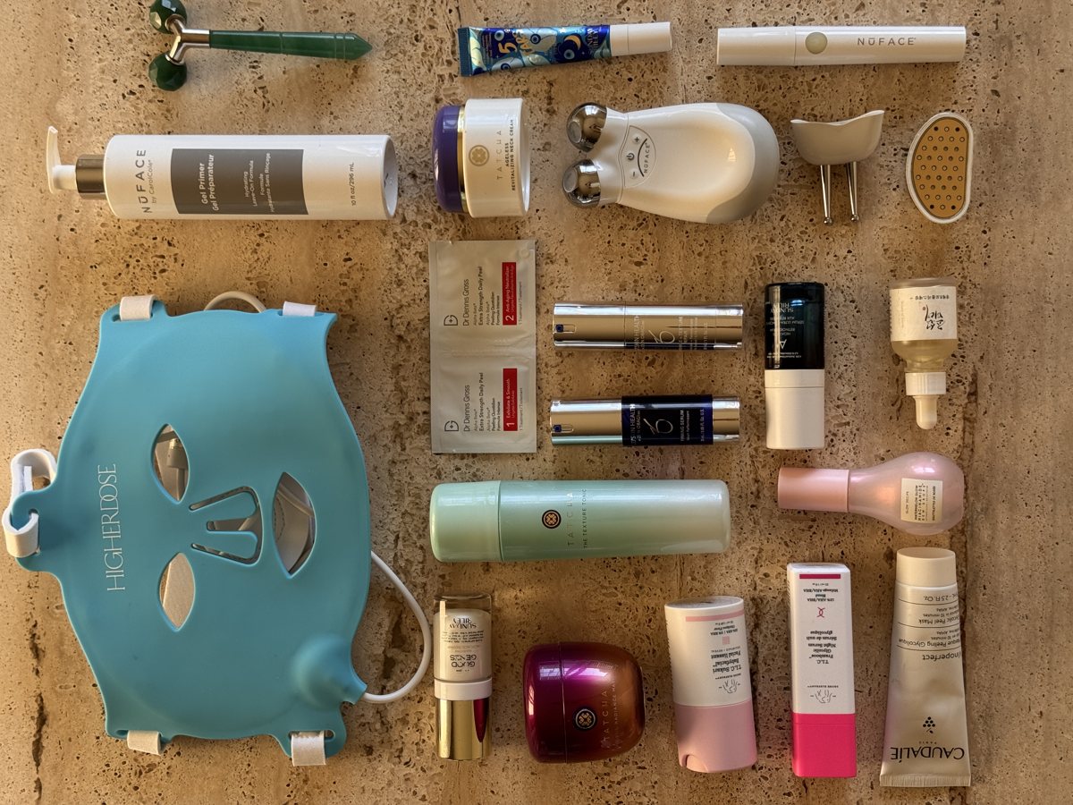 skincare shelf: TATCHA, Dr Dennis Gross, ZO SKIN HEALTH, Caudalie