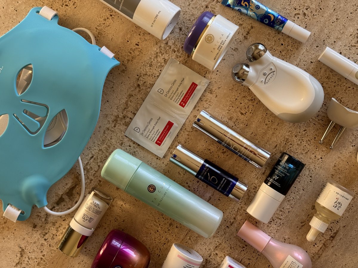 skincare shelf: TATCHA, Dr Dennis Gross, ZO SKIN HEALTH