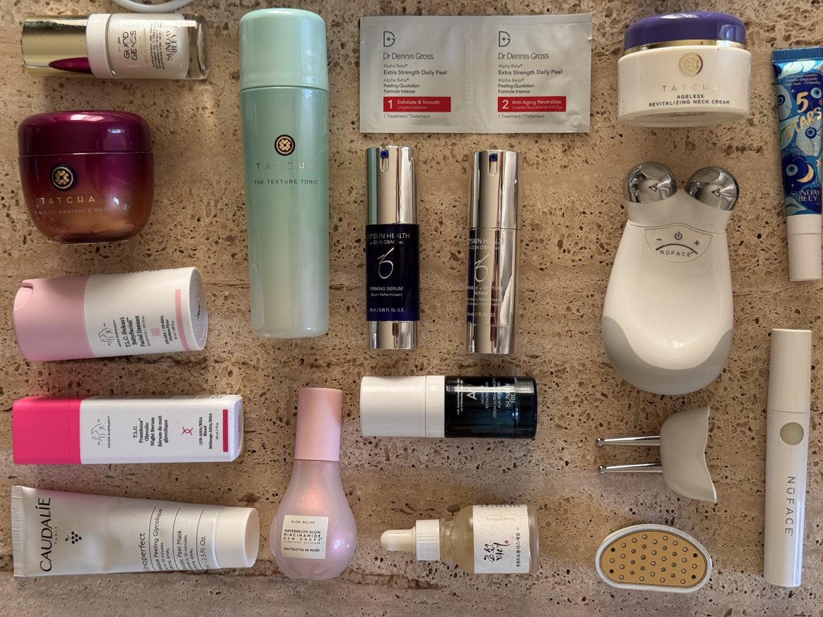 skincare shelf: Sunday Riley, TATCHA, Dr Dennis Gross, TATCHA, Sunday Riley, ZO SKIN HEALTH