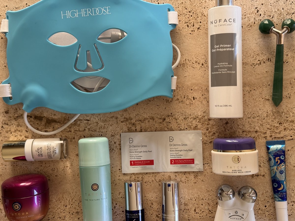 skincare shelf: Sunday Riley, TATCHA, Dr Dennis Gross, TATCHA, Sunday Riley, ZO SKIN HEALTH
