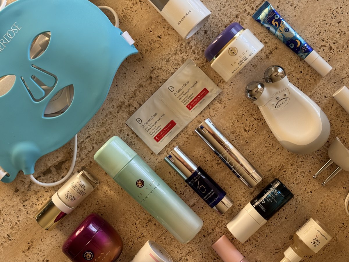 skincare shelf: Sunday Riley, TATCHA, Dr Dennis Gross, ZO SKIN HEALTH, Sunday Riley, TATCHA