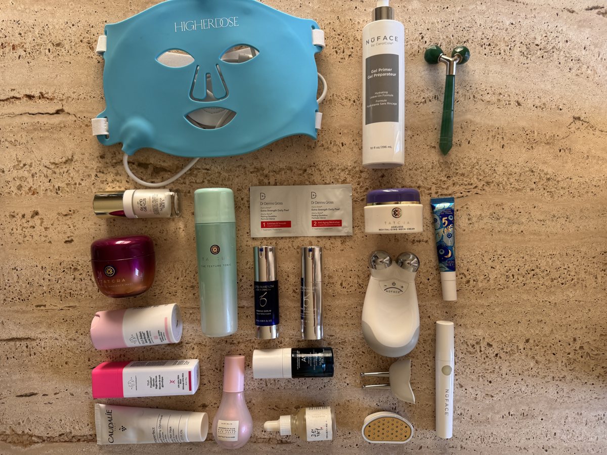 skincare shelf: Sunday Riley, TATCHA, Dr Dennis Gross, TATCHA, Sunday Riley, ZO SKIN HEALTH