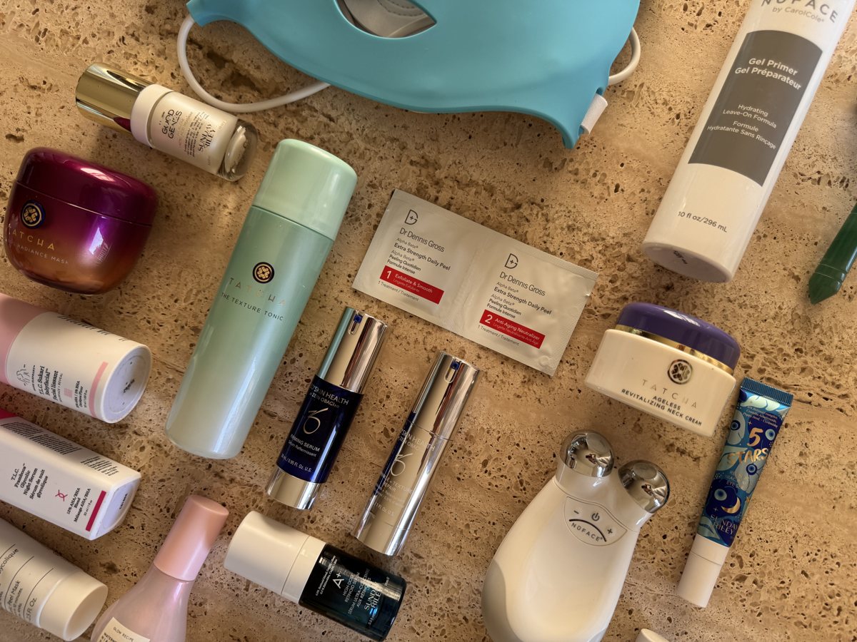 skincare shelf: Sunday Riley, TATCHA, Dr Dennis Gross, TATCHA, Sunday Riley, ZO SKIN HEALTH
