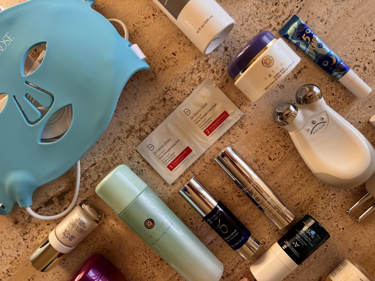 skincare shelf: Sunday Riley, TATCHA, Dr Dennis Gross, ZO SKIN HEALTH, Sunday Riley, TATCHA