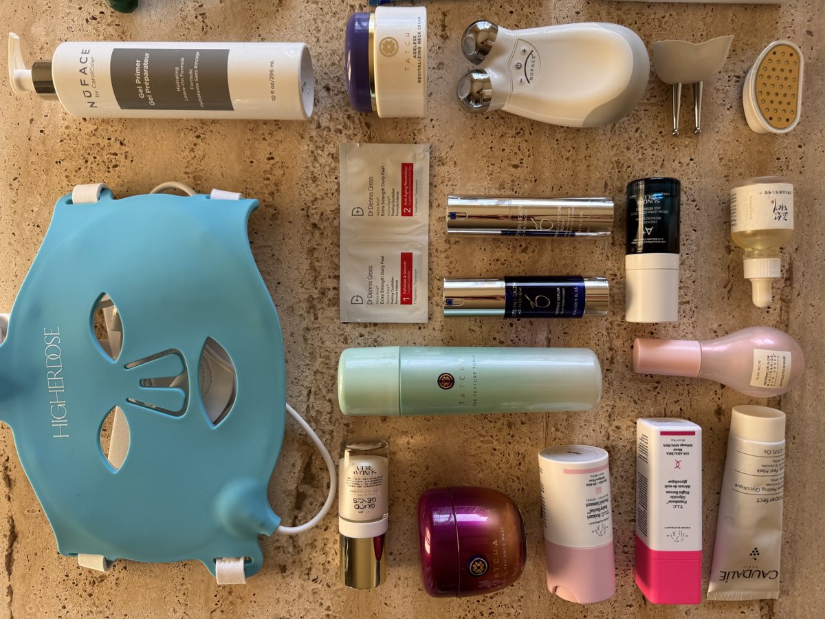 skincare shelf: TATCHA, Dr Dennis Gross, ZO SKIN HEALTH, Sunday Riley, Sunday Riley, TATCHA