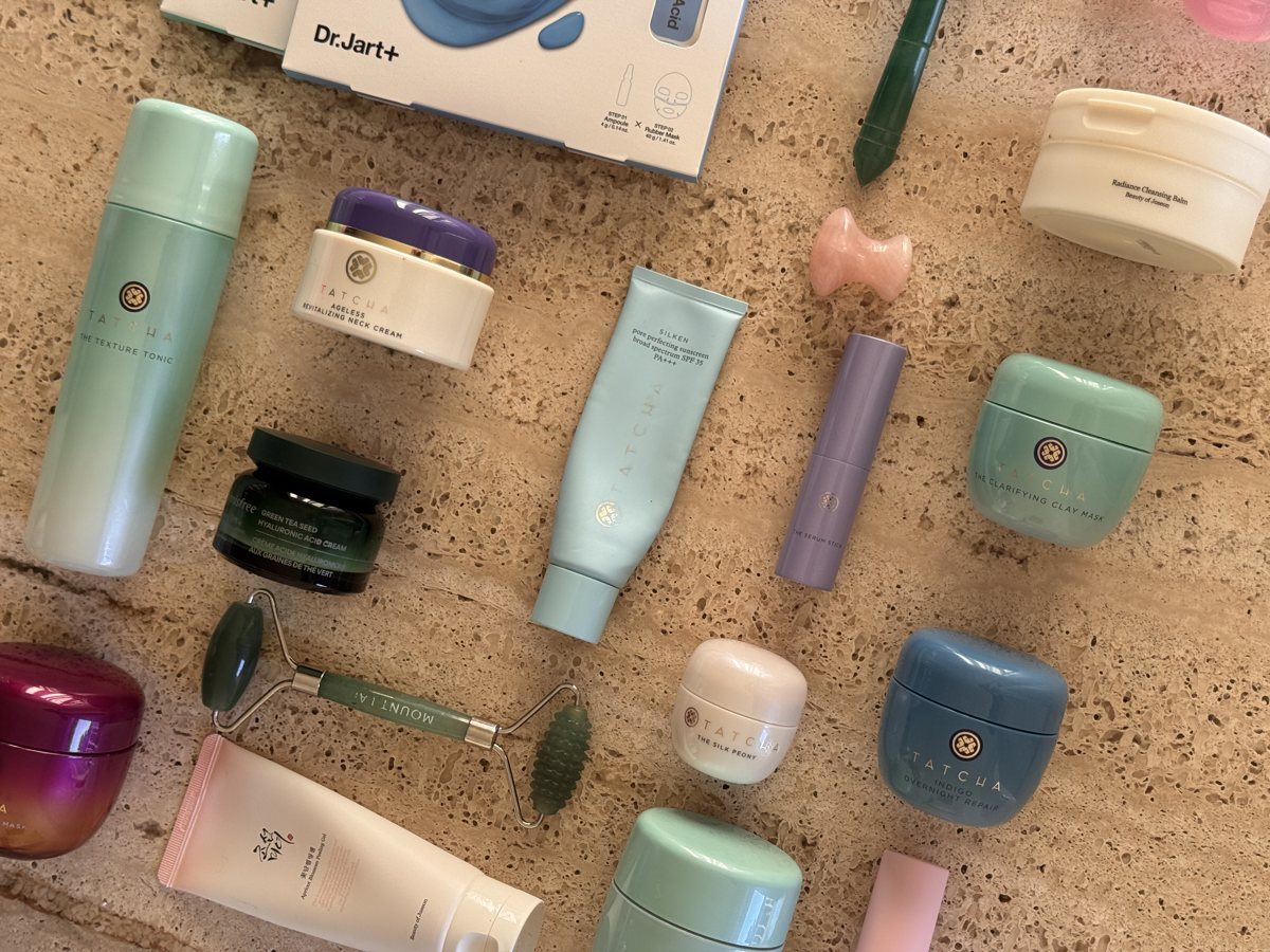 skincare shelf: TATCHA, innisfree, TATCHA, TATCHA, TATCHA, Beauty of Joseon