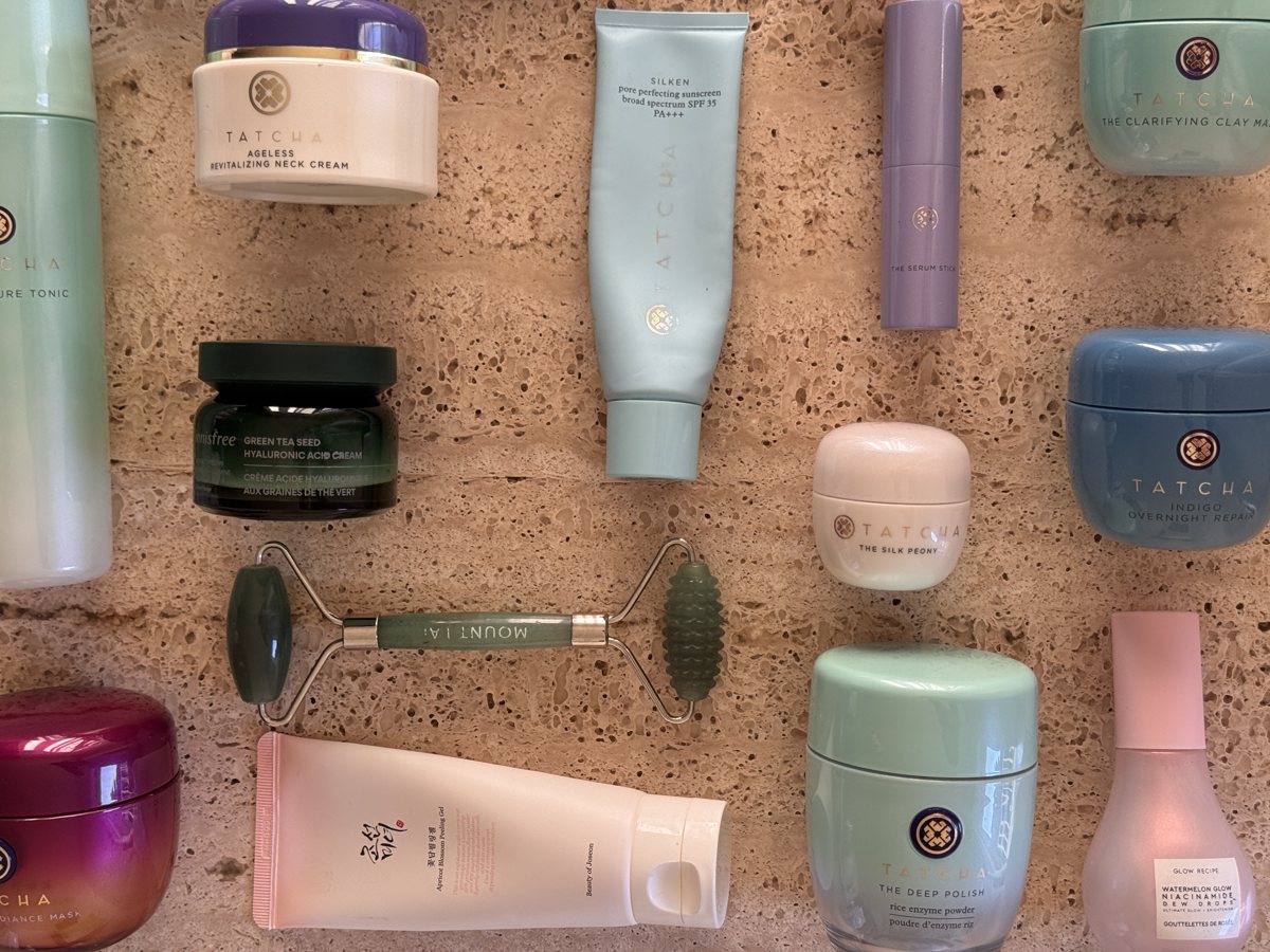 skincare shelf: TATCHA, TATCHA, TATCHA, TATCHA, innisfree, TATCHA