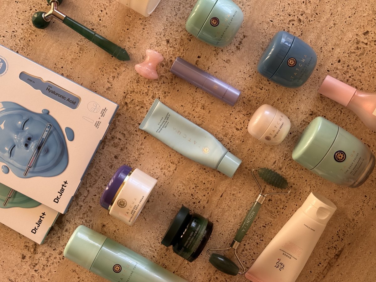 skincare shelf: Dr.Jart+, TATCHA, TATCHA, TATCHA, TATCHA, TATCHA