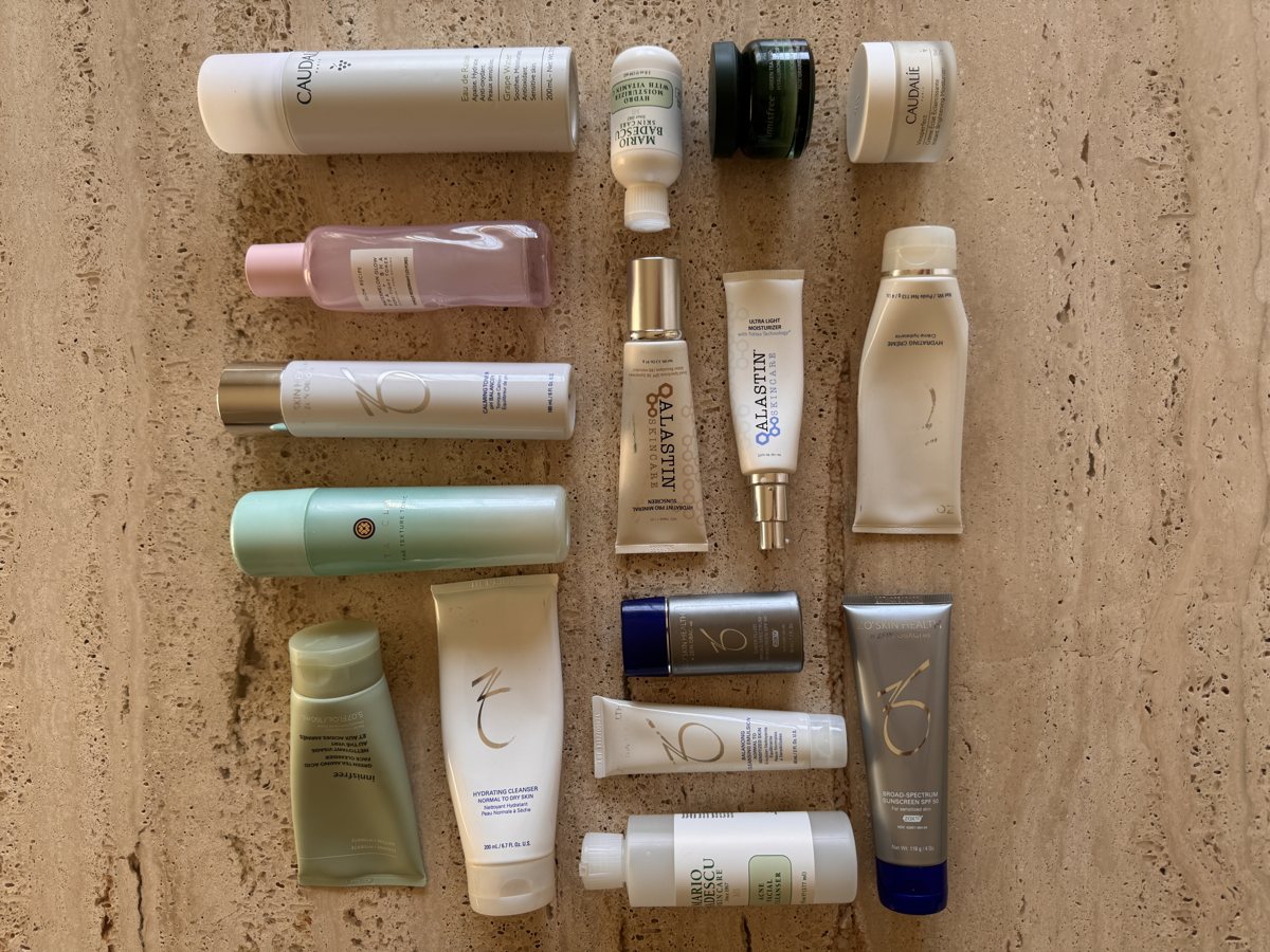 skincare shelf: Caudalie, Mario Badescu, innisfree, Caudalie, Glow Recipe, ZO SKIN HEALTH