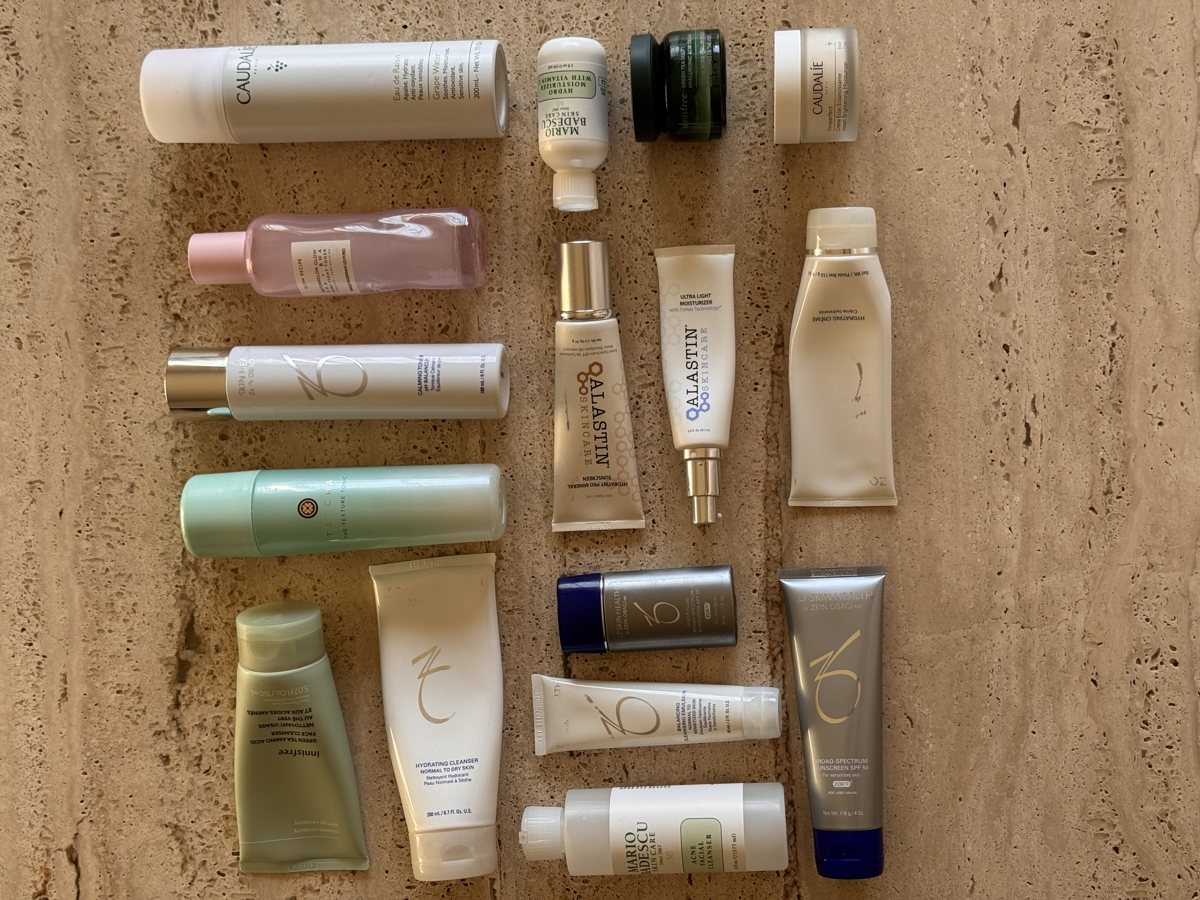 skincare shelf: Caudalie, Mario Badescu, innisfree, Caudalie, Glow Recipe, ZO SKIN HEALTH
