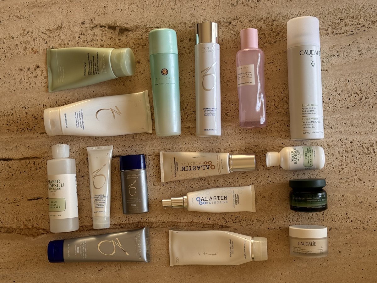 skincare shelf: innisfree, ZO SKIN HEALTH, Glow Recipe, Caudalie, Mario Badescu, ZO SKIN HEALTH