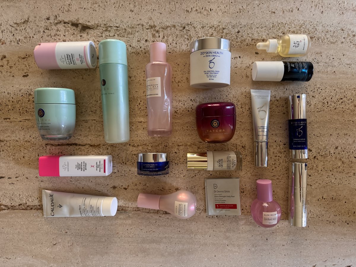 skincare shelf: Drunk Elephant, TATCHA, TATCHA, Glow Recipe, Glow Recipe, ZO SKIN HEALTH