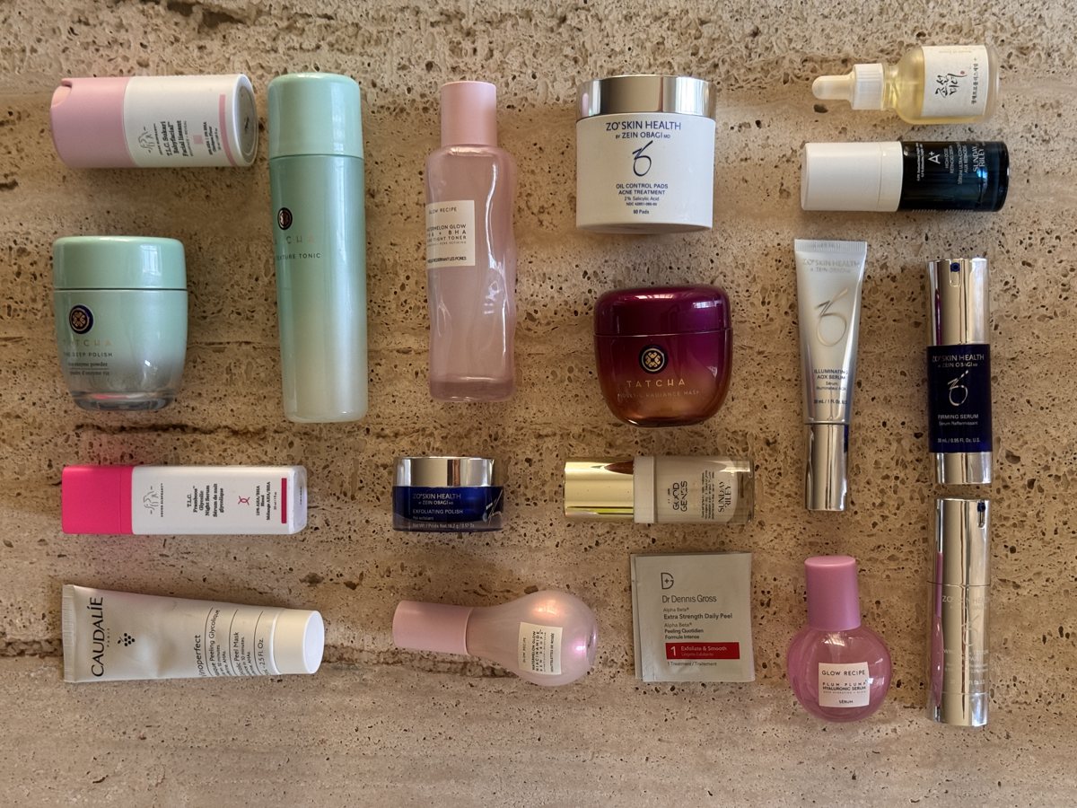 skincare shelf: Drunk Elephant, TATCHA, TATCHA, Glow Recipe, Glow Recipe, ZO SKIN HEALTH