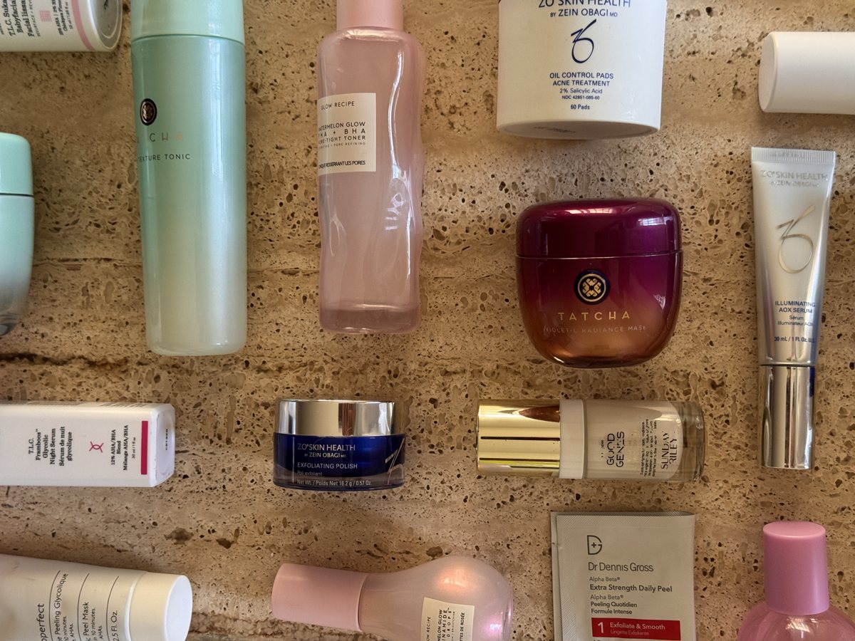 skincare shelf: Drunk Elephant, TATCHA, TATCHA, Glow Recipe, Glow Recipe, ZO SKIN HEALTH