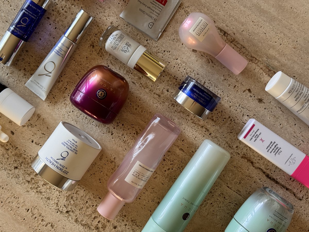 skincare shelf: ZO SKIN HEALTH, ZO SKIN HEALTH, ZO SKIN HEALTH, TATCHA, TATCHA, Glow Recipe