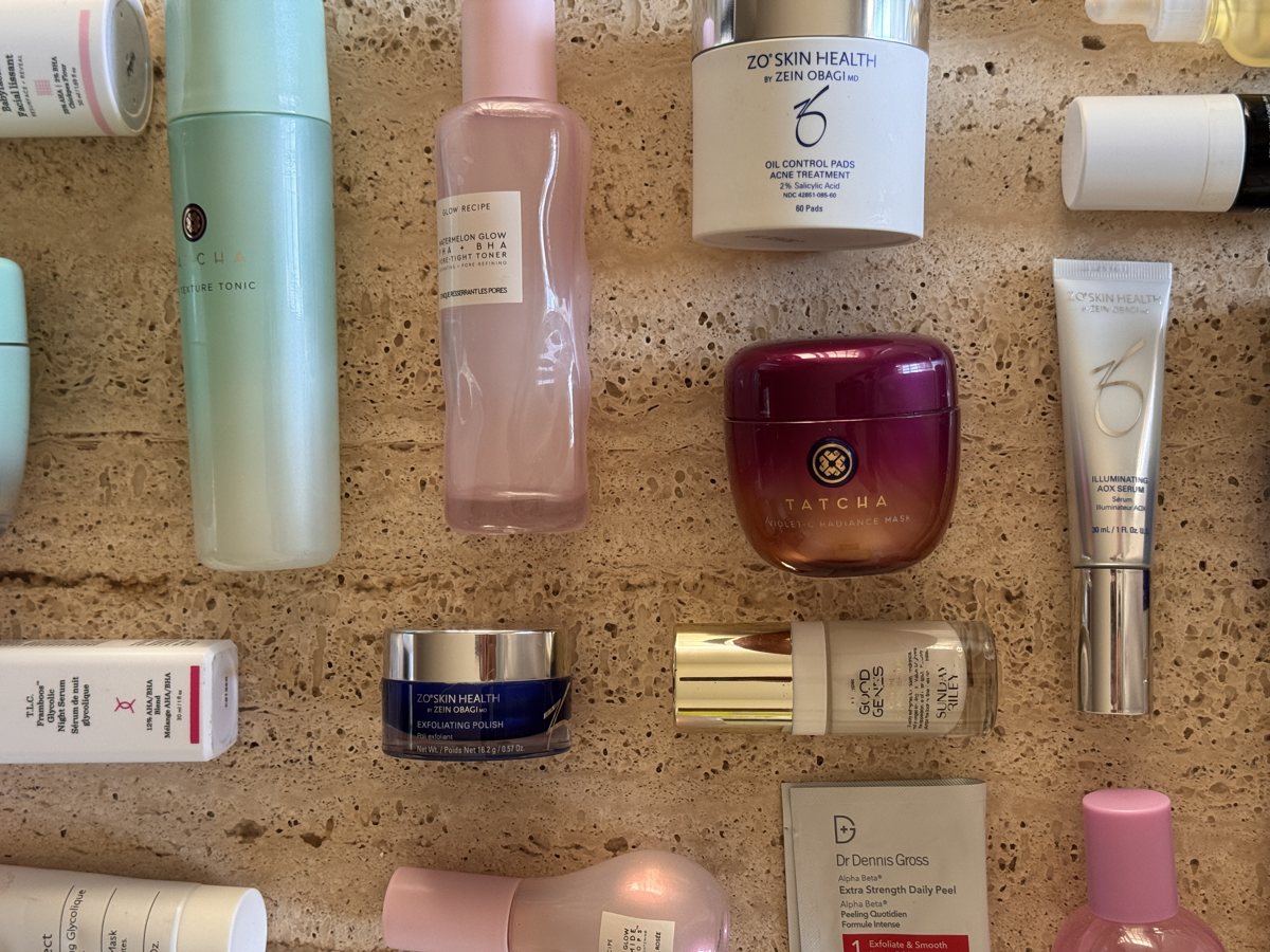 skincare shelf: Drunk Elephant, Drunk Elephant, TATCHA, TATCHA, Glow Recipe, Glow Recipe