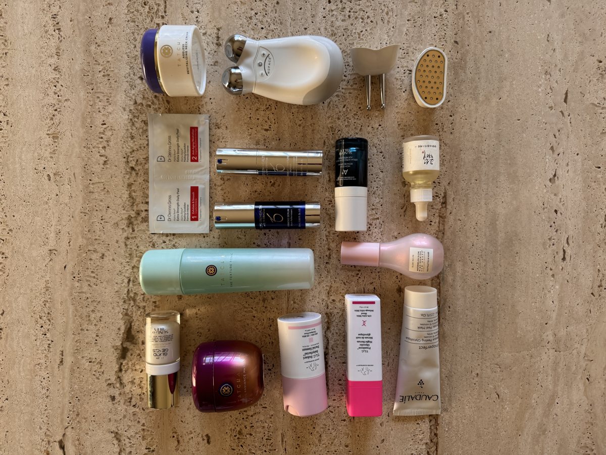 skincare shelf: TATCHA, Dr Dennis Gross, ZO SKIN HEALTH, Sunday Riley, Glow Recipe, Sunday Riley