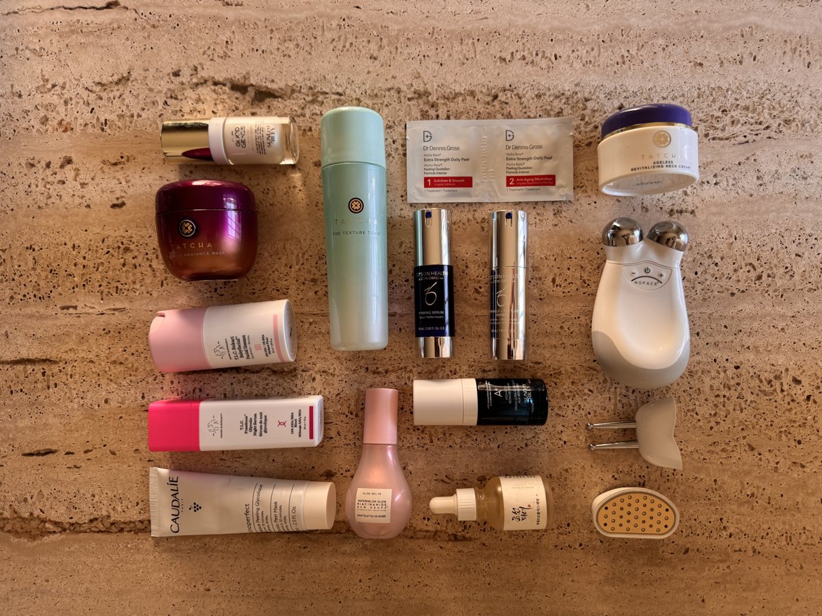 skincare shelf: Sunday Riley, TATCHA, Dr Dennis Gross, TATCHA, ZO SKIN HEALTH, Drunk Elephant