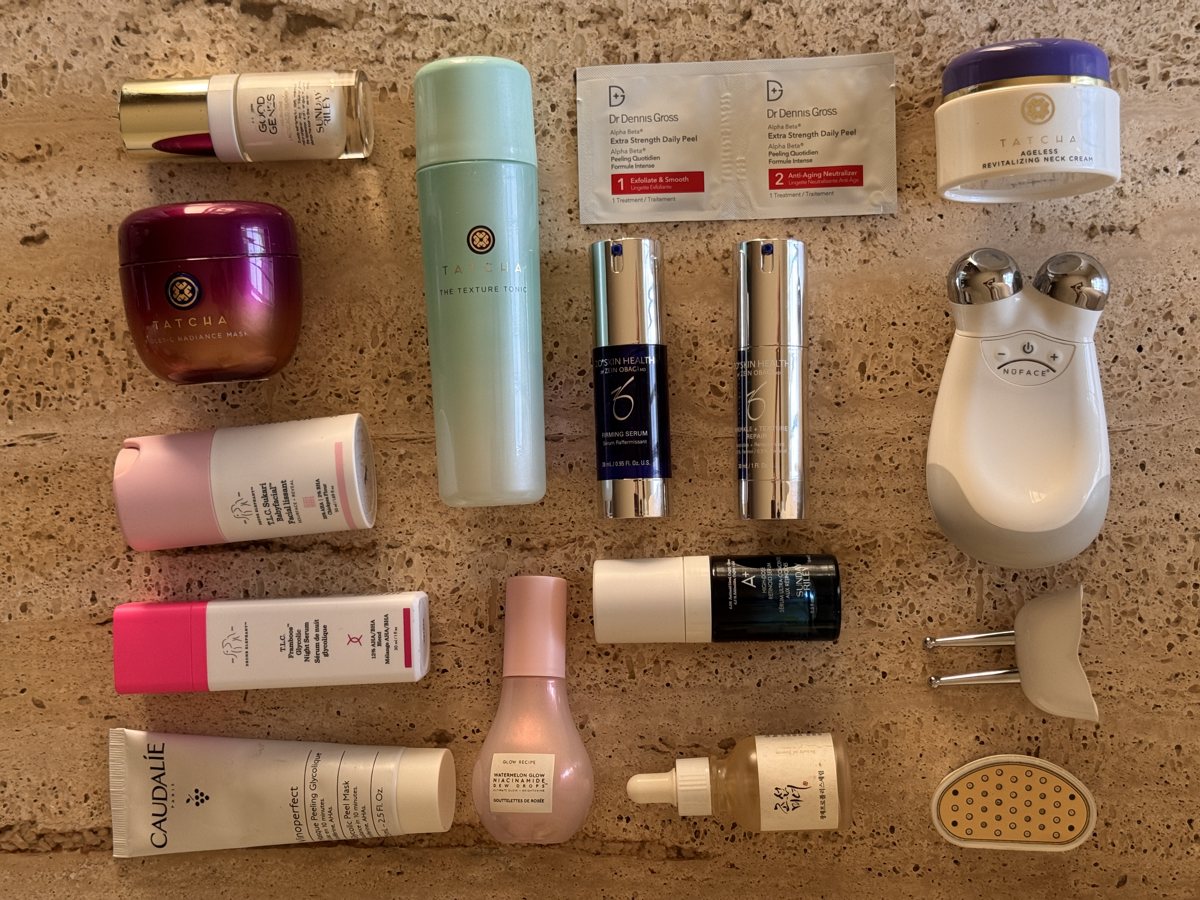 skincare shelf: Sunday Riley, TATCHA, Dr Dennis Gross, TATCHA, ZO SKIN HEALTH, Drunk Elephant