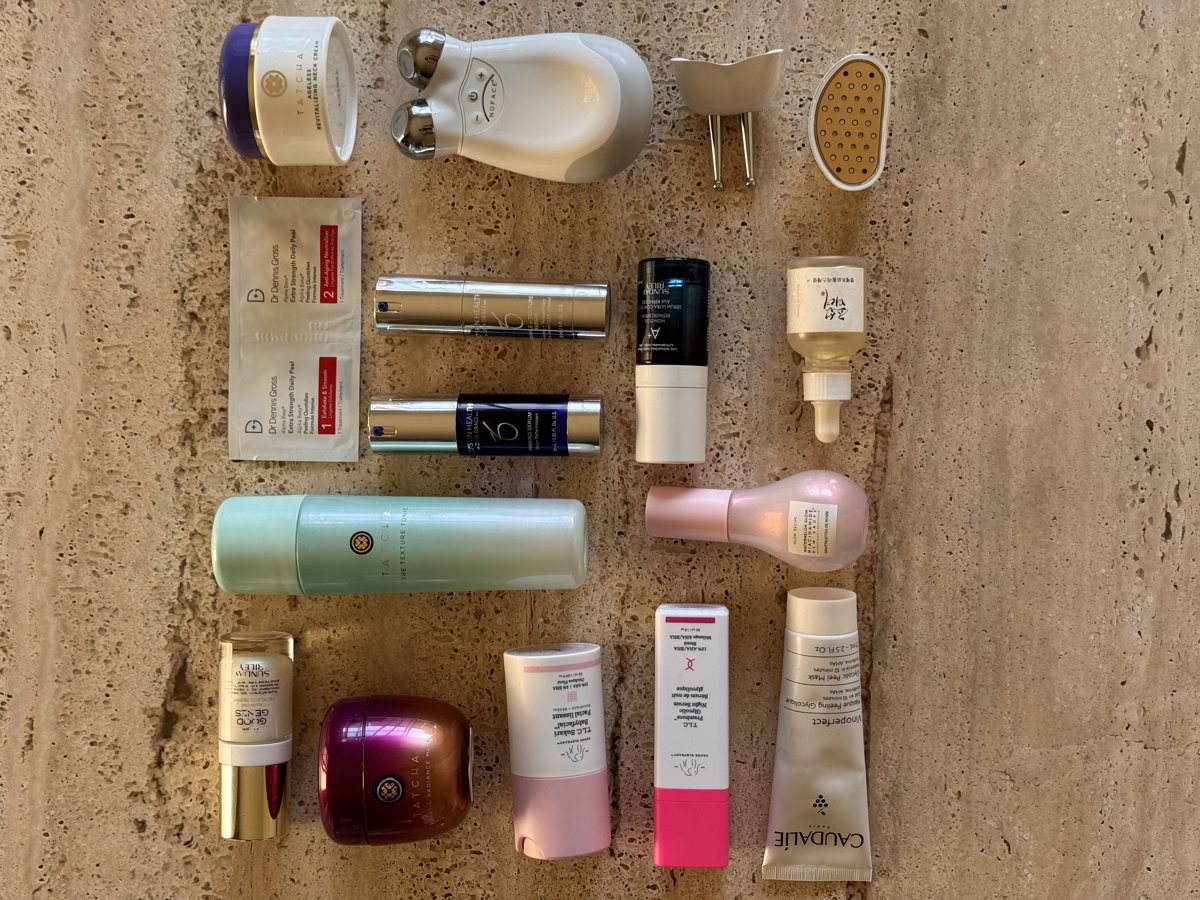 skincare shelf: TATCHA, Dr Dennis Gross, ZO SKIN HEALTH, Sunday Riley, Glow Recipe, Sunday Riley