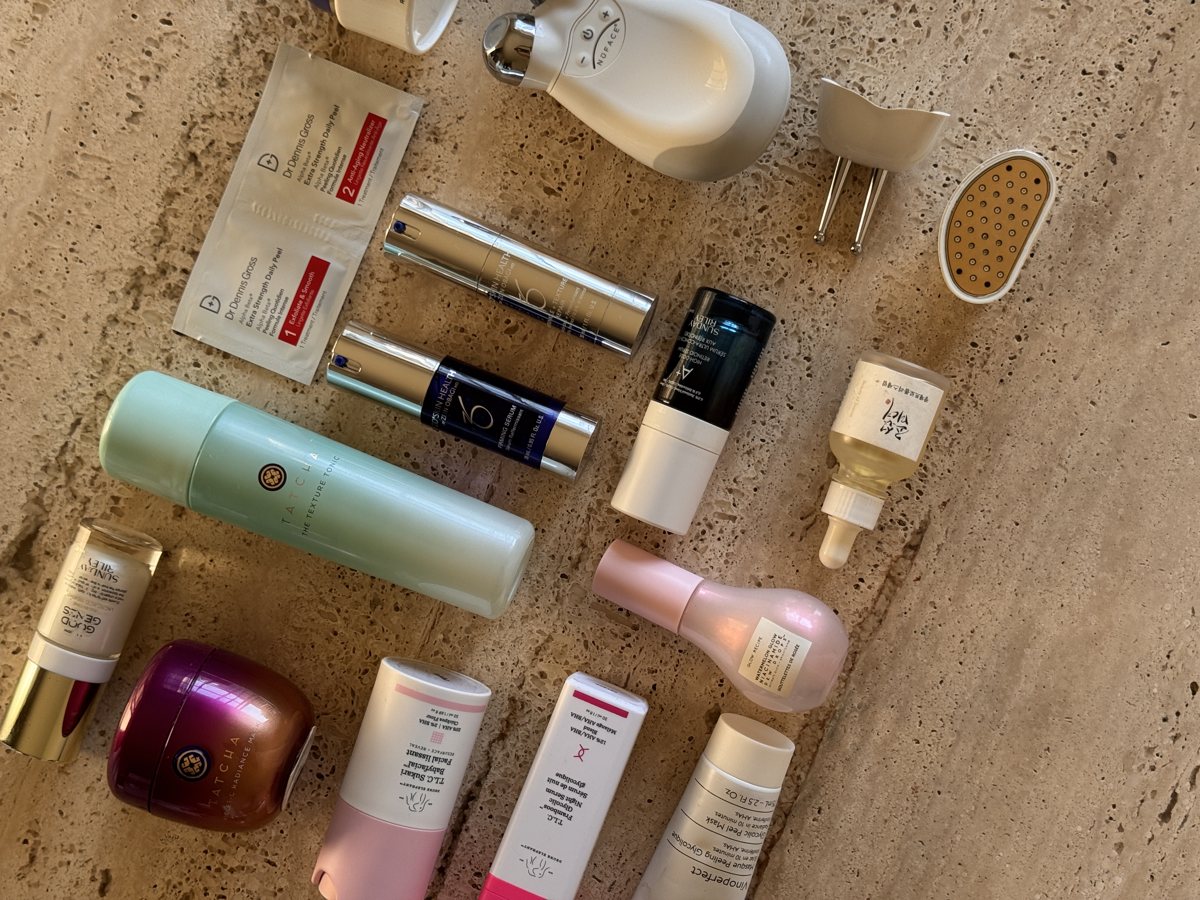 skincare shelf: TATCHA, Dr Dennis Gross, ZO SKIN HEALTH, Sunday Riley, Glow Recipe, Sunday Riley