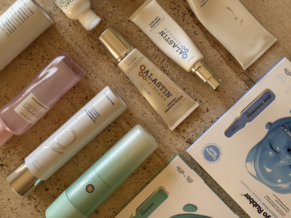 skincare shelf: Caudalie, Mario Badescu, ALASTIN, Glow Recipe, ZO SKIN HEALTH, Dr.Jart+